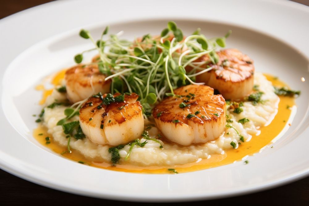 Scallop and shrimp risotto seafood plate meal. AI generated Image by rawpixel.