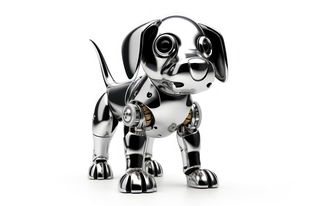 Dog robot Chrome material white background representation carnivora.
