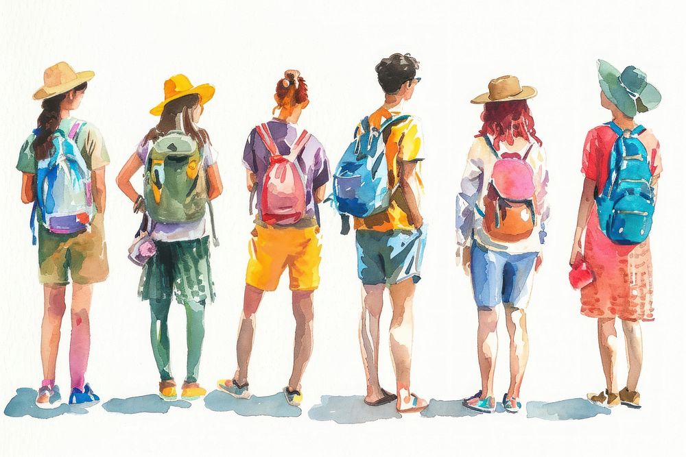 Diverse people footwear backpack shorts.