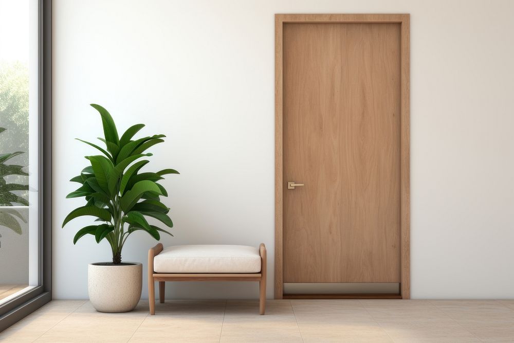 Wooden door and seat plant furniture wall.