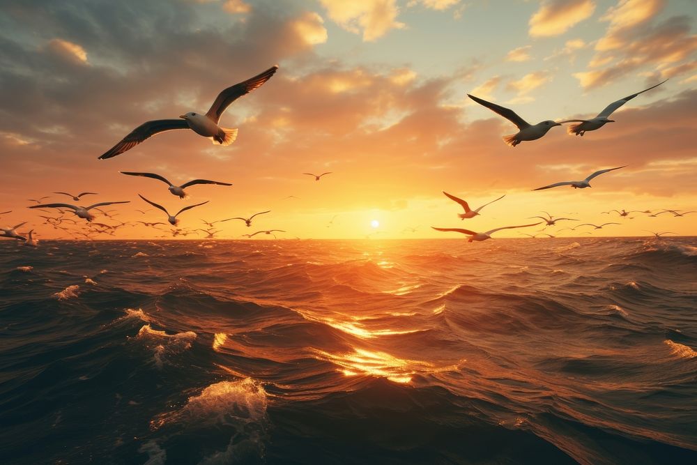 Flying bird sea sunlight. 