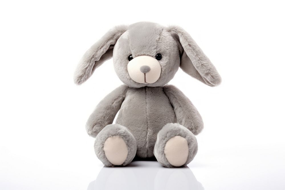 Grey bunny plush toy white background representation.
