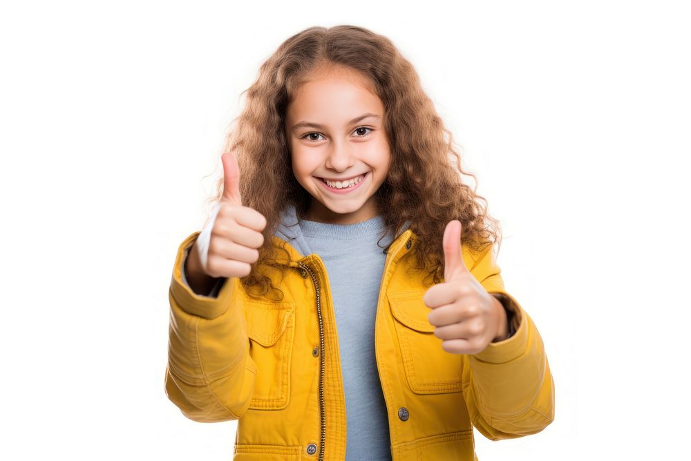 Teenager girl jacket finger smile.