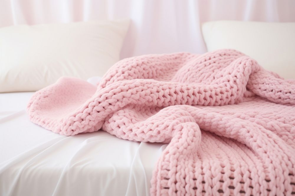 Pink knitted blanket sweater pillow comfortable.