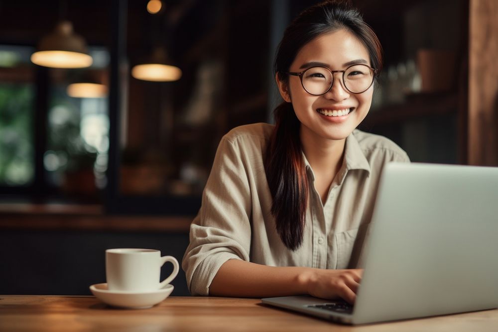 Woman wearing glasses laptop computer smiling.