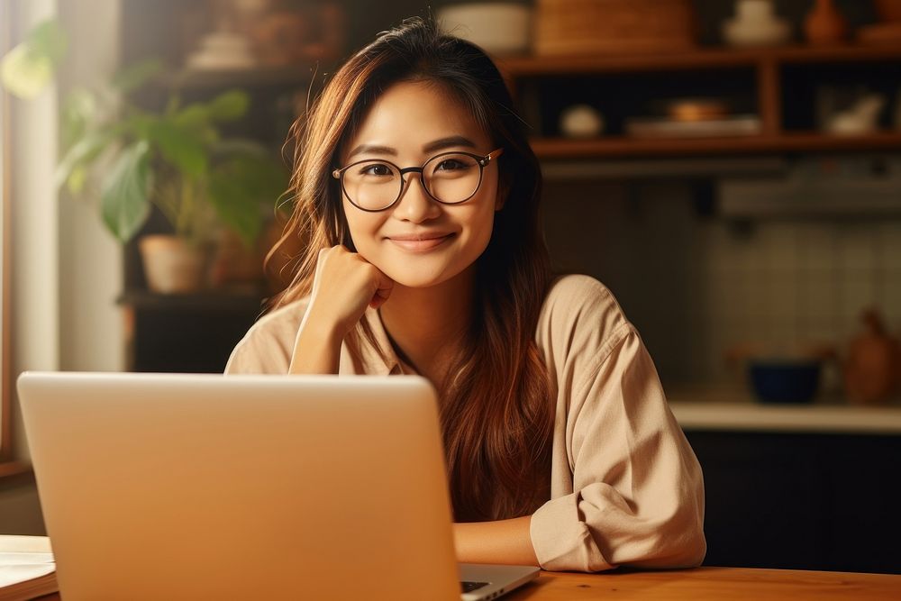 Woman wearing glasses laptop computer sitting.