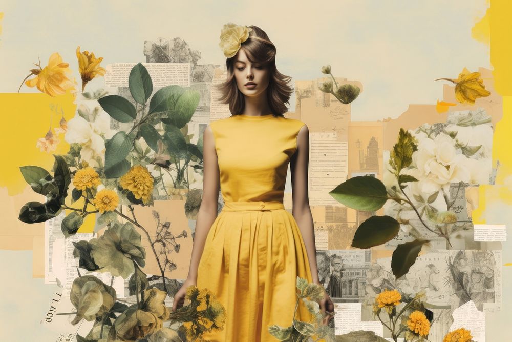 Yellow dress woman border sunflower painting collage.