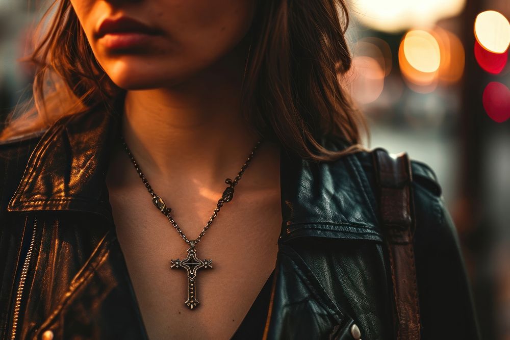 Cross necklace on woman jewelry jacket adult. AI generated Image by rawpixel.