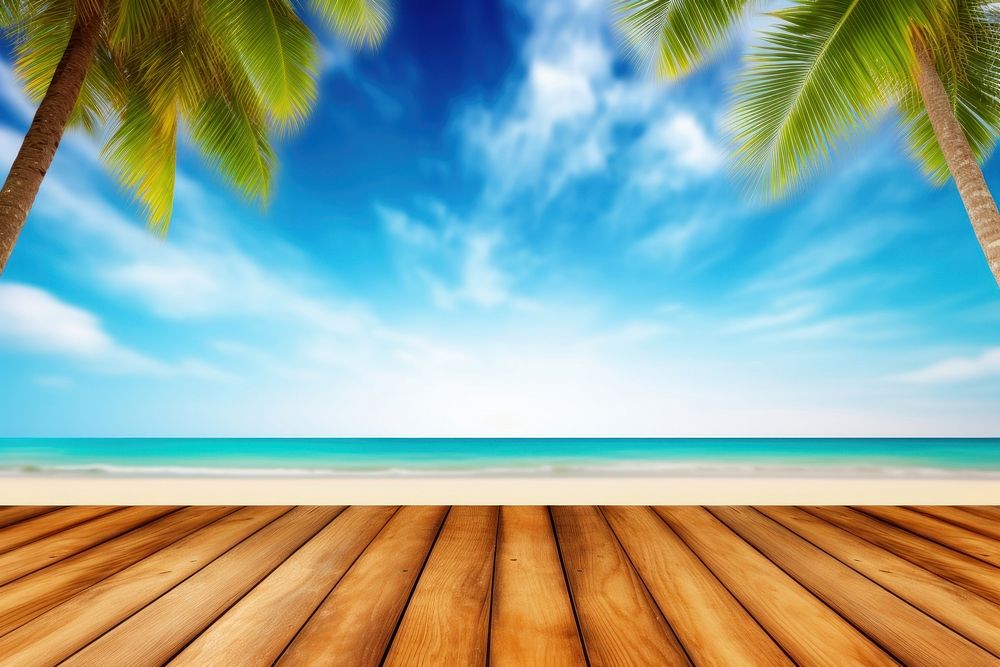 Empty wooden table in front sky backgrounds outdoors.