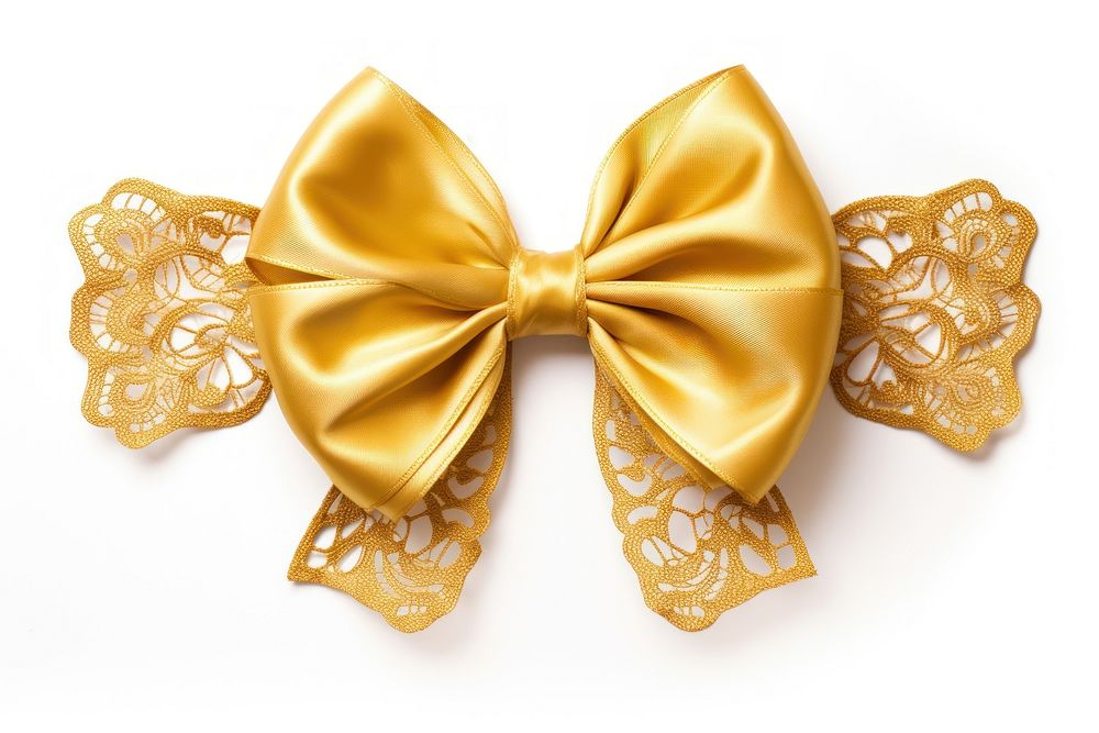 Golden lace ribbon bow white background celebration accessories.