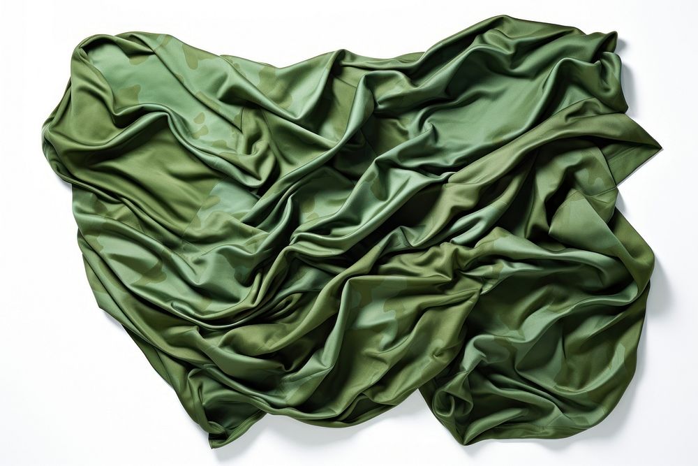 Green camouflage pattern on cotton fabric textile silk white background.
