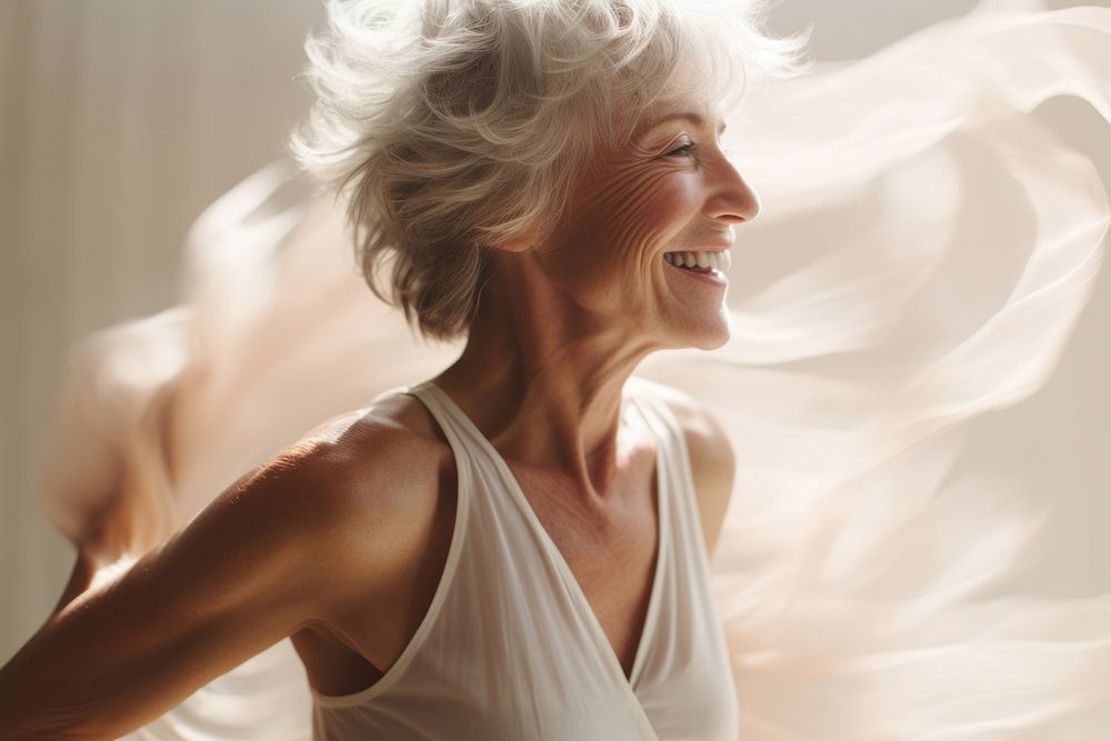 Mature woman aerobic dancing portrait laughing adult. AI generated Image by rawpixel.