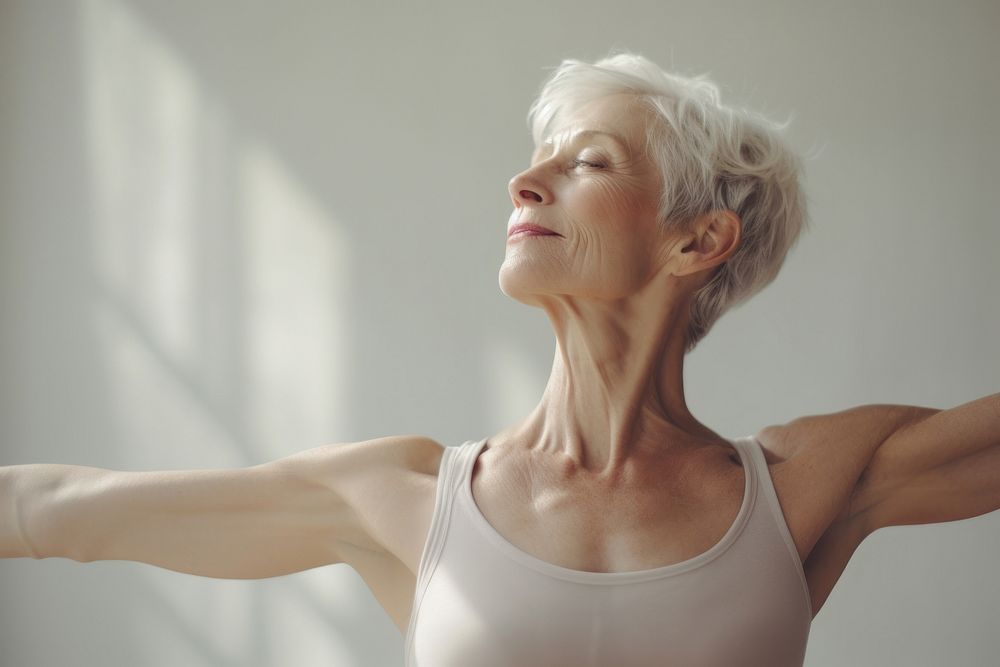 Mature woman aerobic dancing adult contemplation flexibility. AI generated Image by rawpixel.
