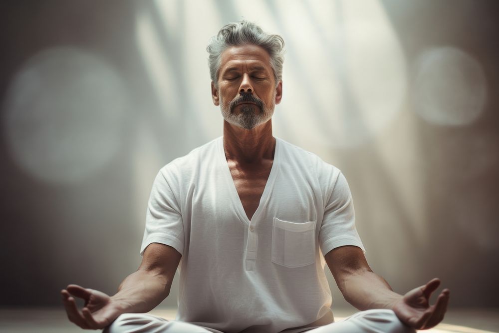 Mature guy meditating sports adult yoga. AI generated Image by rawpixel.