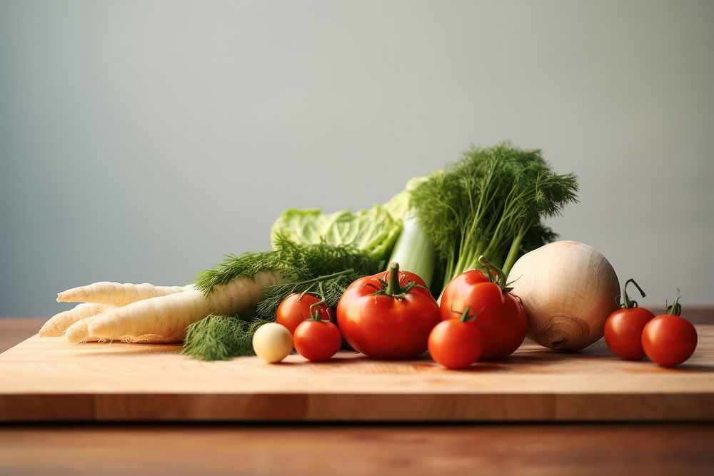 Fresh vegetables food red chopping board. AI generated Image by rawpixel.