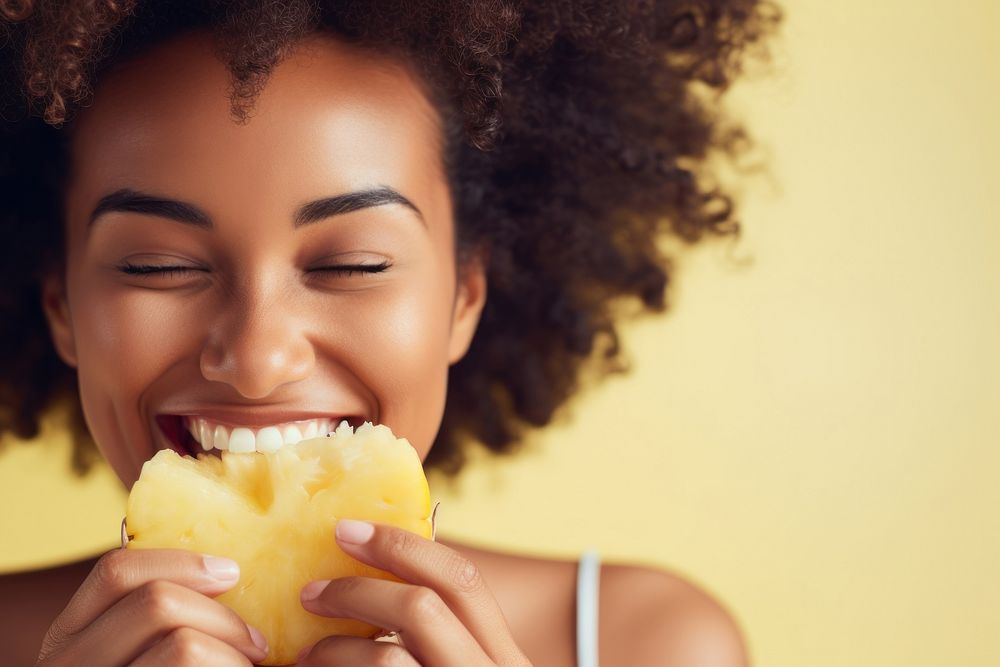 Eating slice of pineapple biting adult woman. AI generated Image by rawpixel.