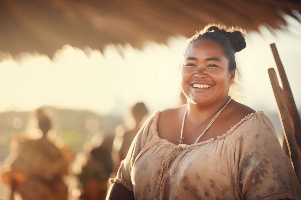 A chubby Tonga woman in happy mood tradition smile architecture.