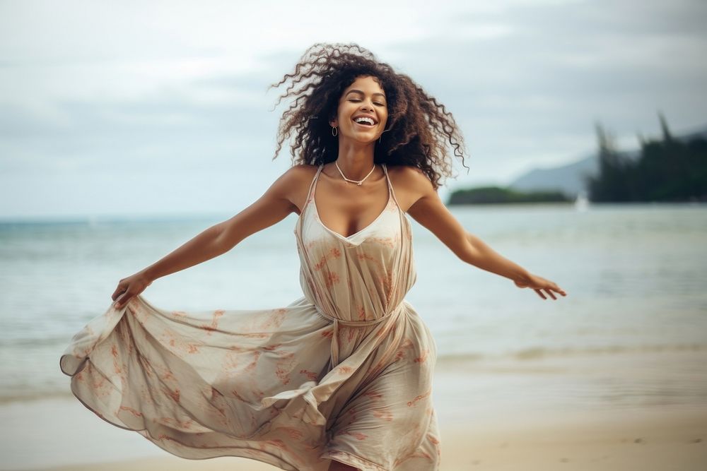 A firm Micronesian woman enjoy dance laughing portrait beach.