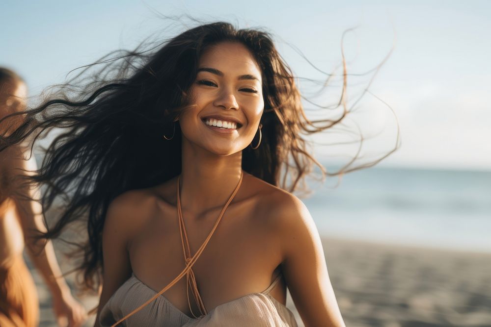 A firm Pacific Islander woman enjoy dance laughing beach smile.