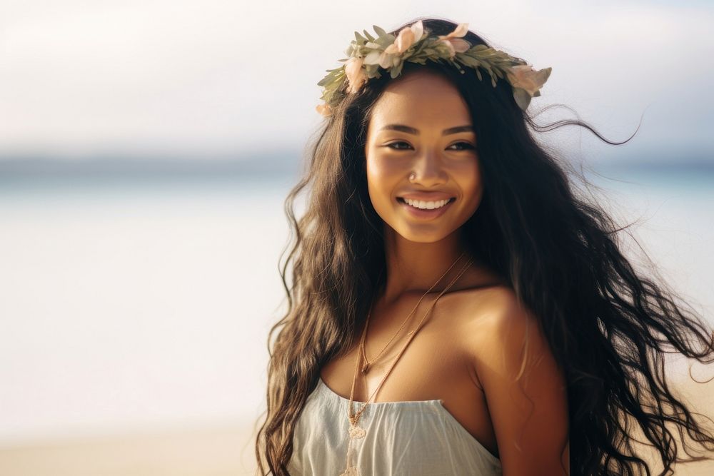 A firm Pacific Islander woman enjoy dance portrait beach smile.