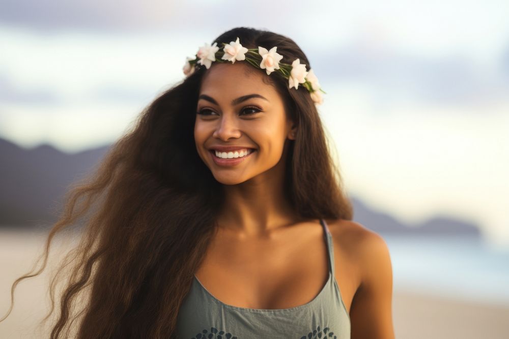 A firm Pacific Islander woman enjoy dance portrait beach smile.