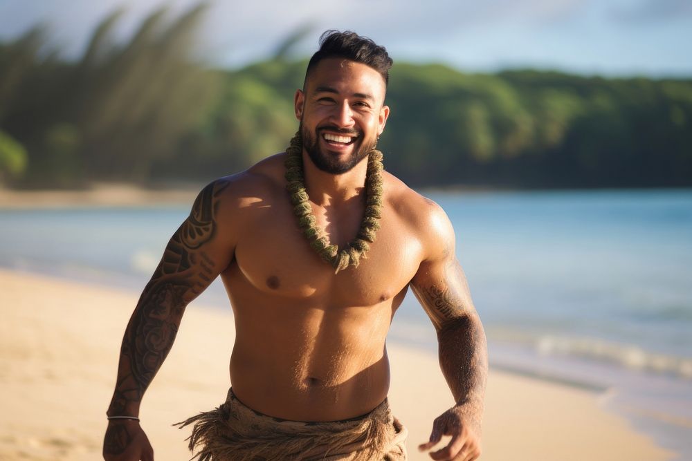 A muscular Pacific Islander male enjoy dance beach adult bodybuilding.