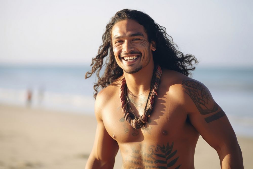 A muscular Pacific Islander male enjoy dance laughing tattoo smile.