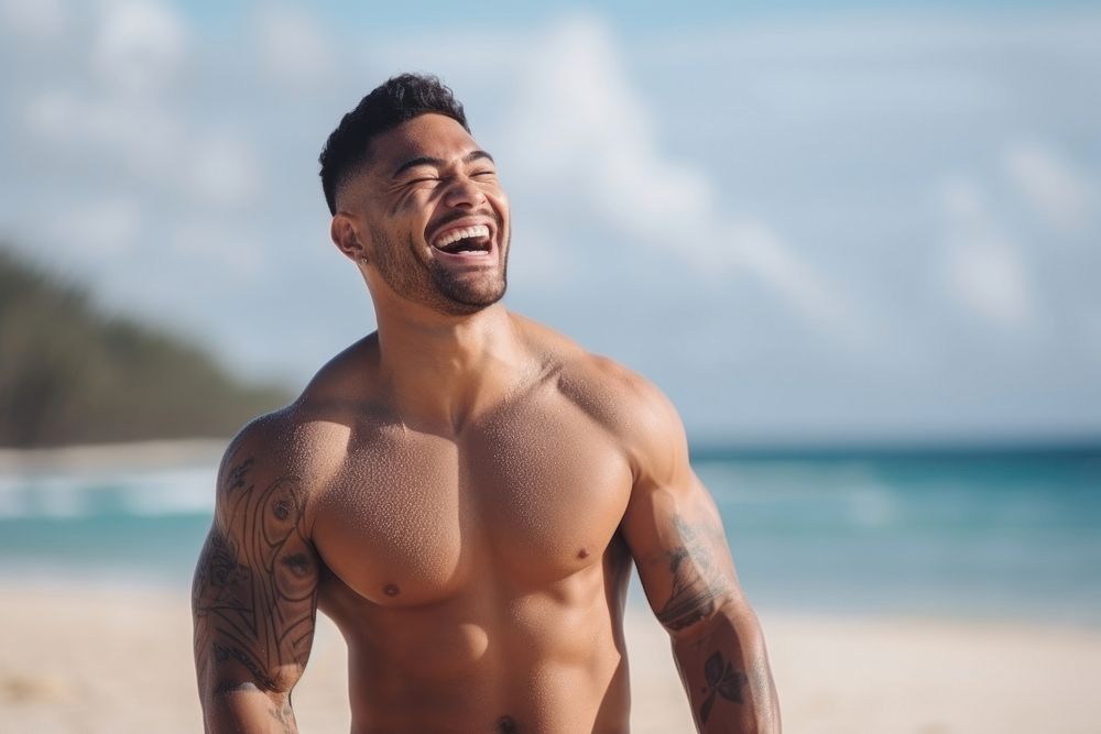 A muscular Tonga male enjoy dance adult beach happy.