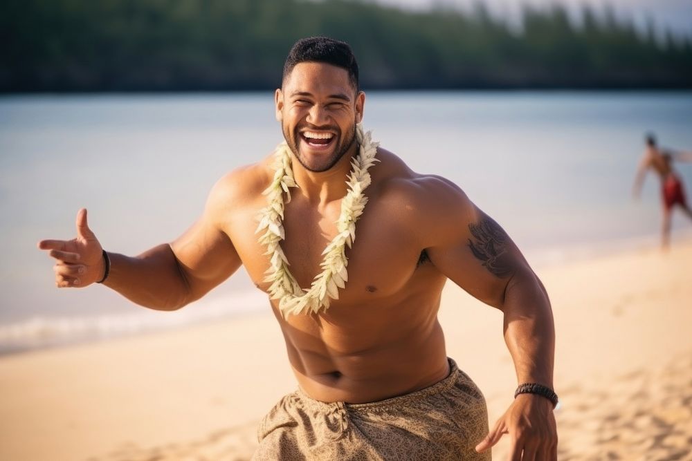 A muscular Tonga male enjoy dance laughing adult beach.