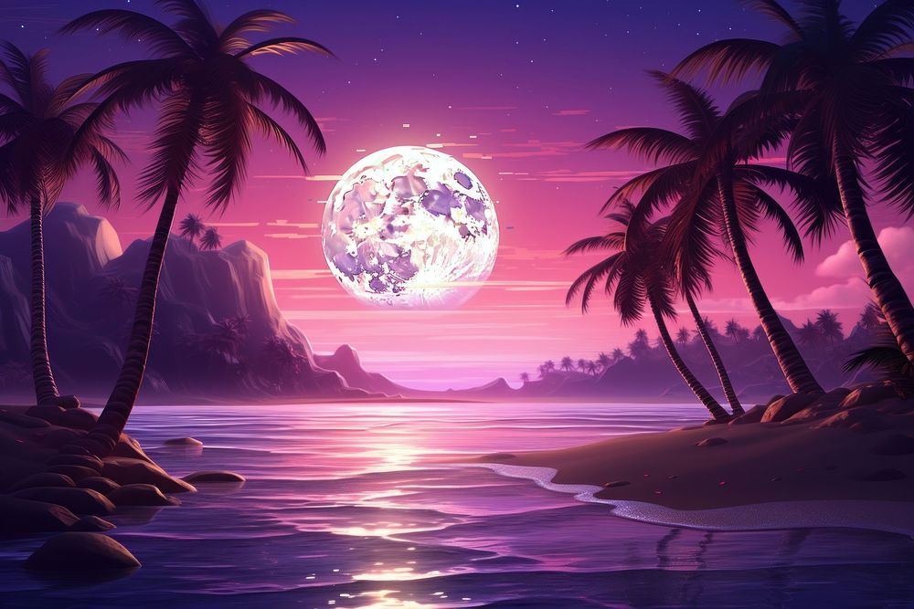 Ocean with moon and palm trees astronomy outdoors nature.