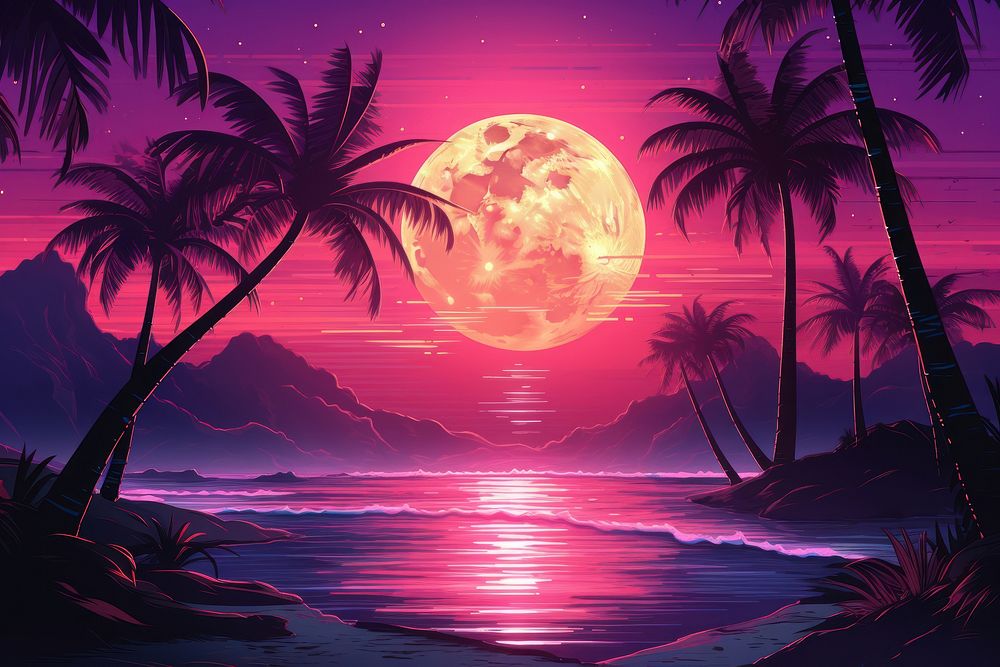 Ocean with moon and palm trees outdoors nature night.