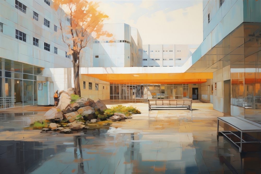  Hospital architecture building painting. AI generated Image by rawpixel.