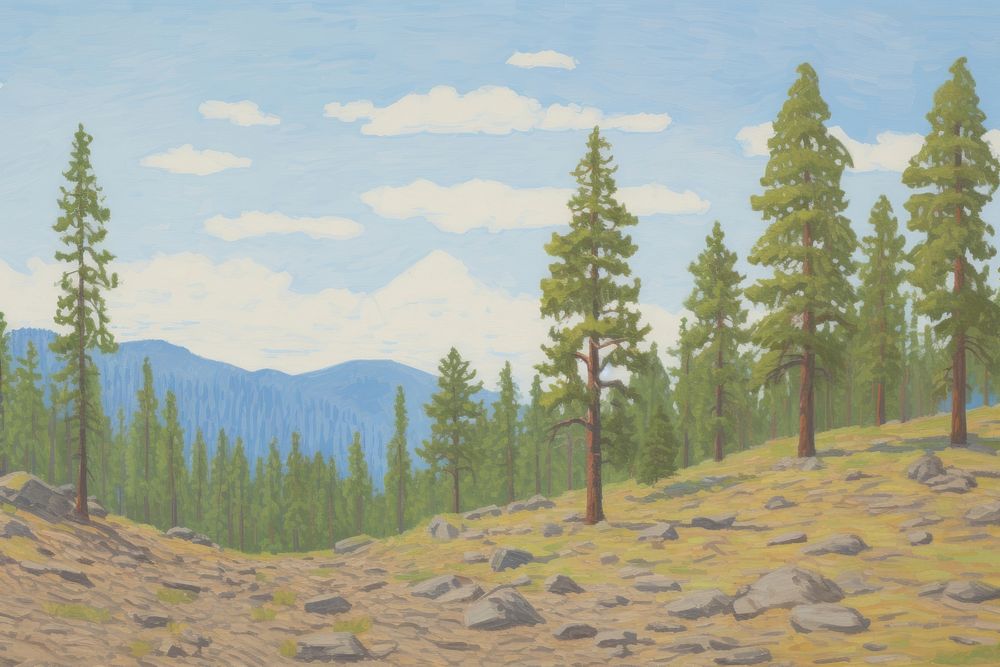 Pine trees painting wilderness landscape.