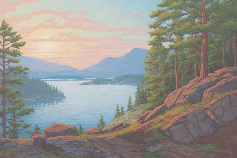 Sunset painting wilderness landscape.