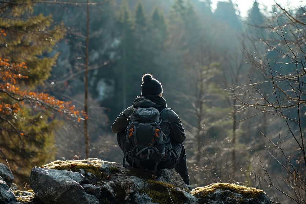 Trekking man landscape backpack forest.