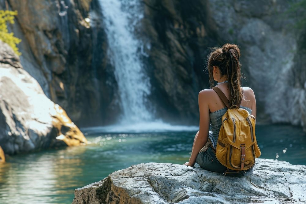 Trekking woman sitting waterfall backpack.