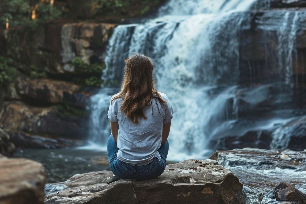 Woman waterfall sitting outdoors.