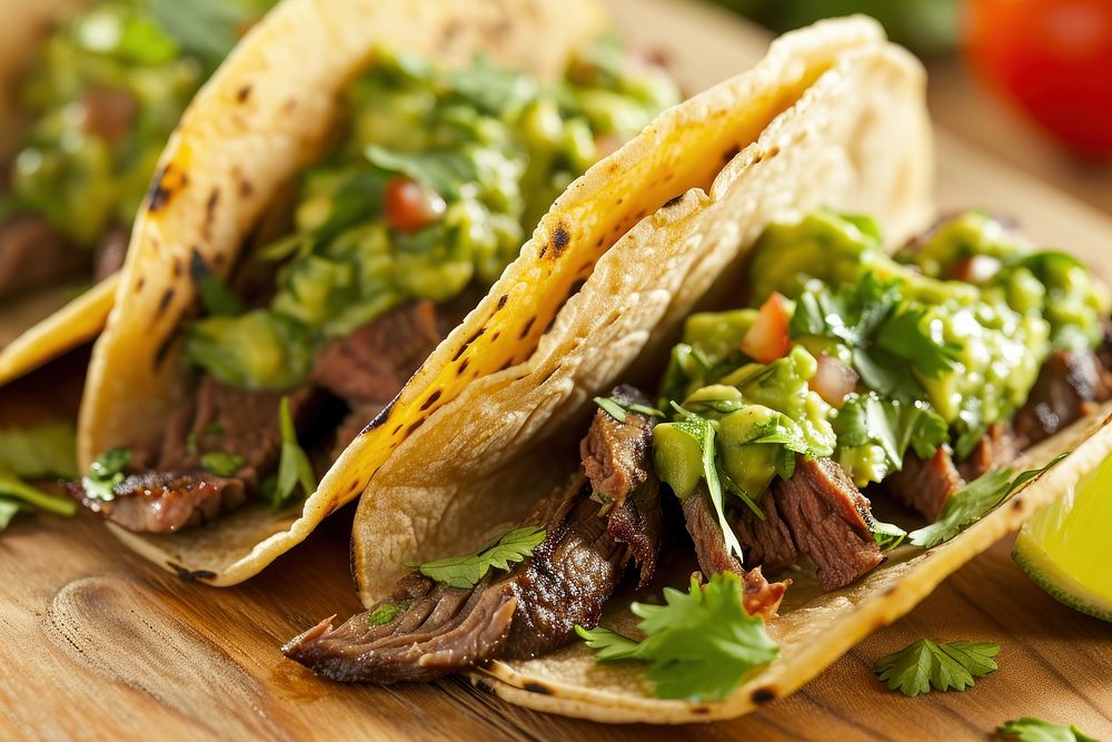 Grilled beef taco guacamole food meat.