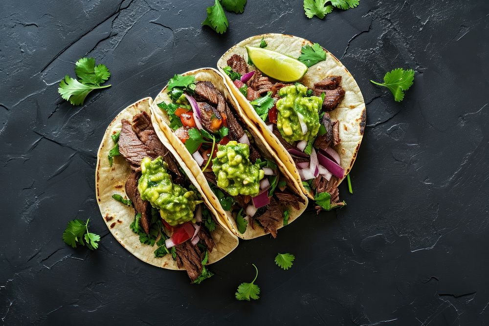 Grilled beef taco guacamole food meat.