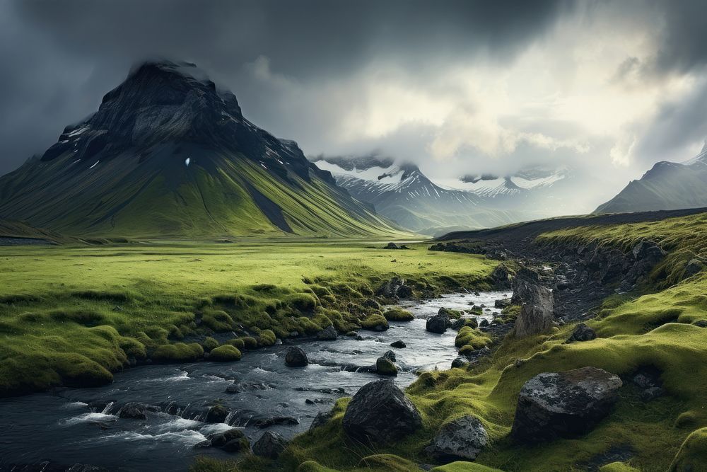 Iceland landscape wilderness grassland. AI generated Image by rawpixel.