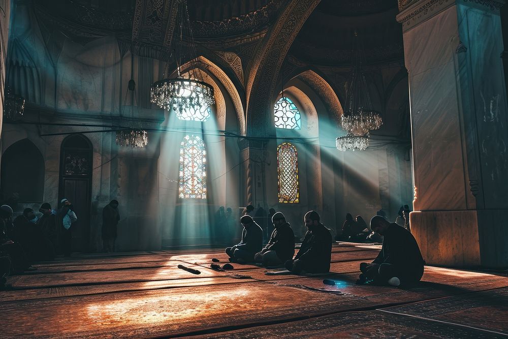 Muslim people pray architecture building light. AI generated Image by rawpixel.