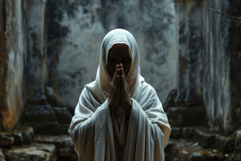 Man in white cloth pray adult spirituality architecture. AI generated Image by rawpixel.