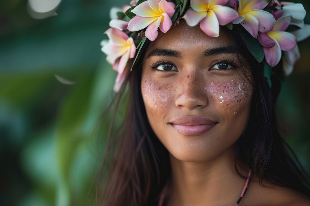 A Micronesian womans with cosmetic skin accessories hairstyle.