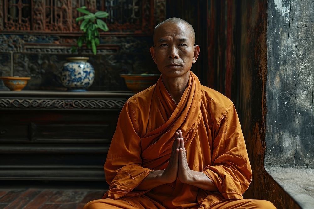 Monk pray adult spirituality cross-legged. AI generated Image by rawpixel.