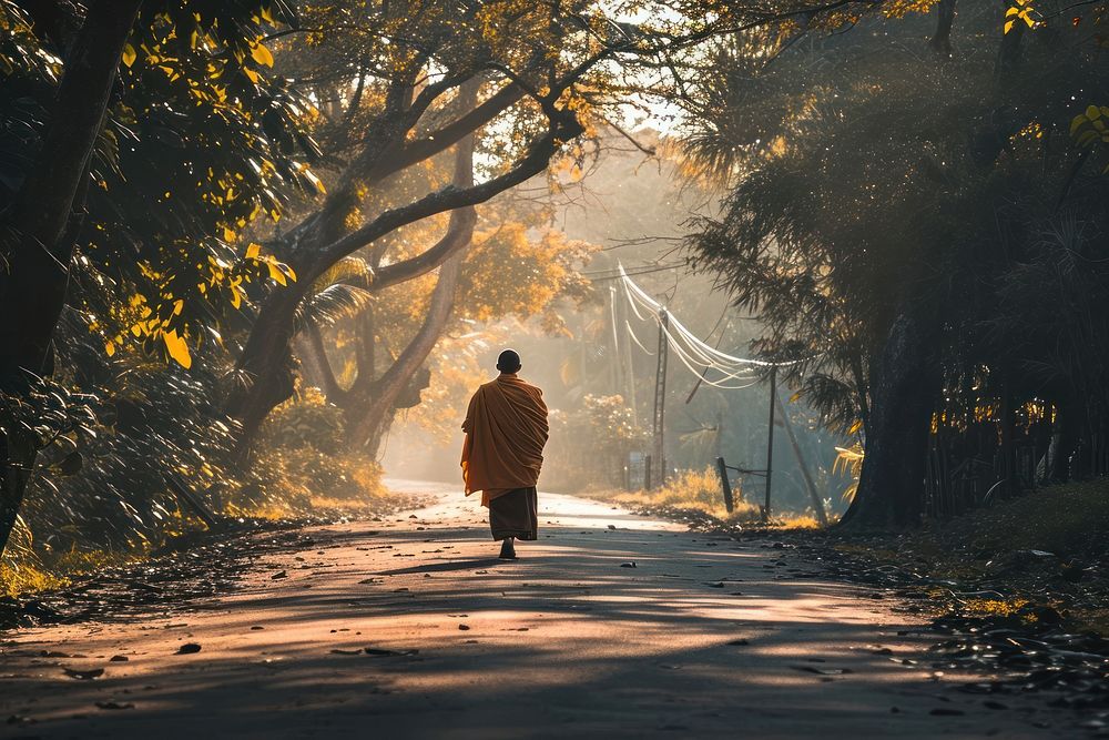 Monk walking road architecture tranquility. AI generated Image by rawpixel.