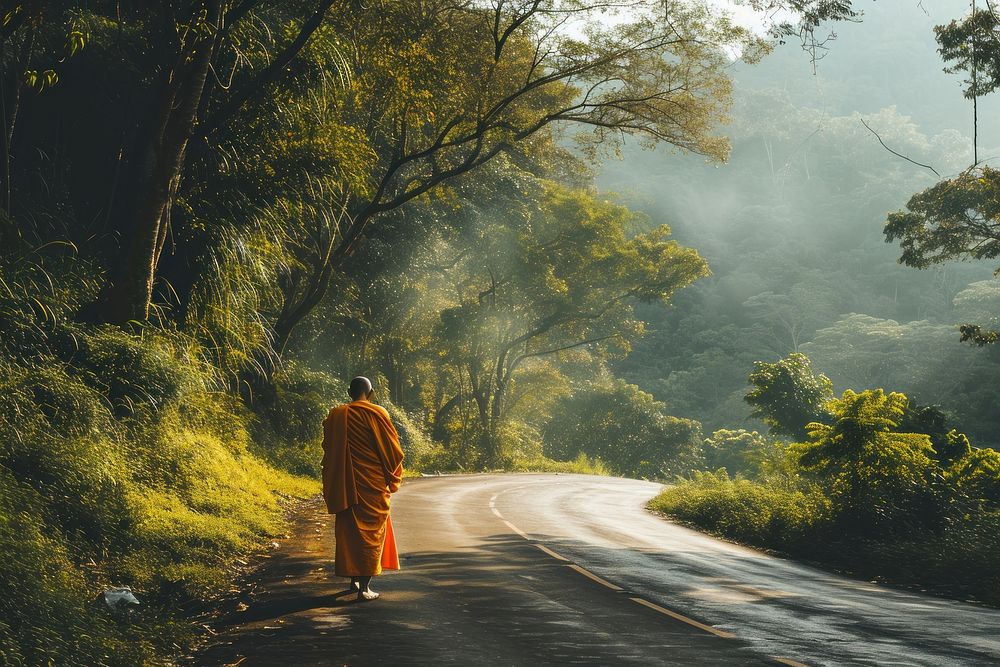 Monk walking road infrastructure tranquility. AI generated Image by rawpixel.
