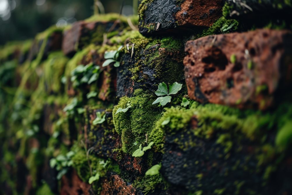 Brick wall with moss plant old backgrounds. AI generated Image by rawpixel.