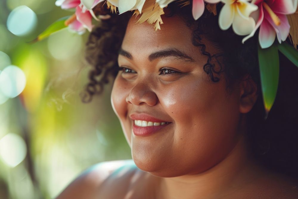 A chubby Micronesian womans with cosmetic adult bride smile.
