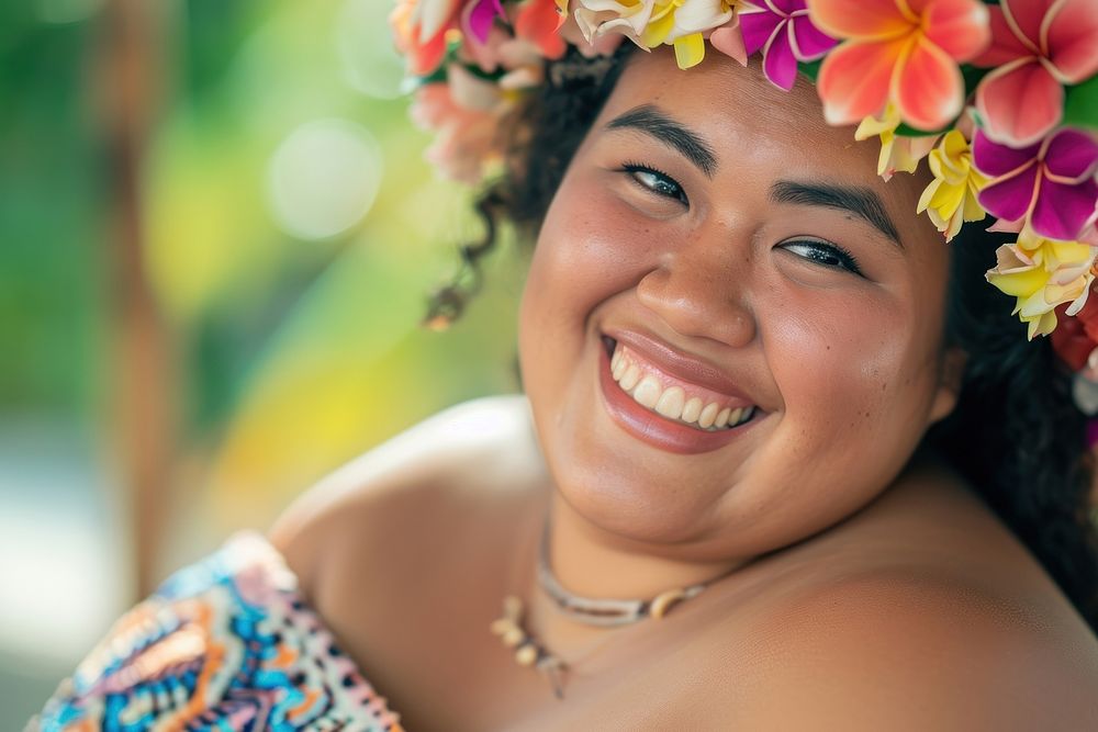 A chubby Micronesian womans with cosmetic jewelry flower adult.
