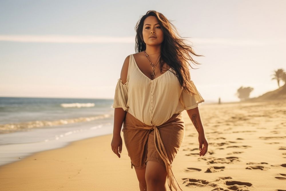 Chubby Pacific Islander woman walk on the beach outdoors adult contemplation.